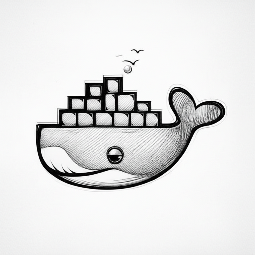 Hand-drawn sketch of Docker whale with MCP server containerization elements